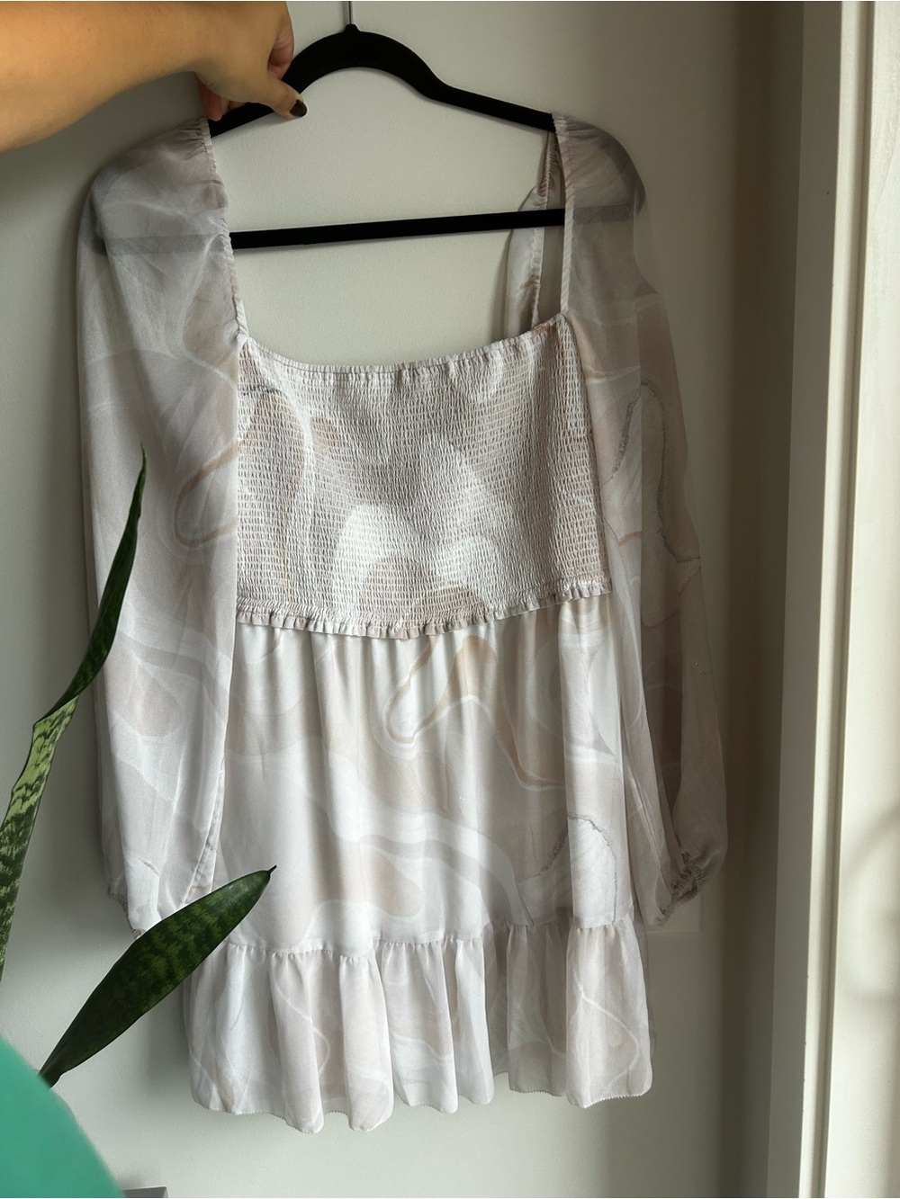 Wilfred Light Beige Smocked Square-Neck Long Sleeve Dress